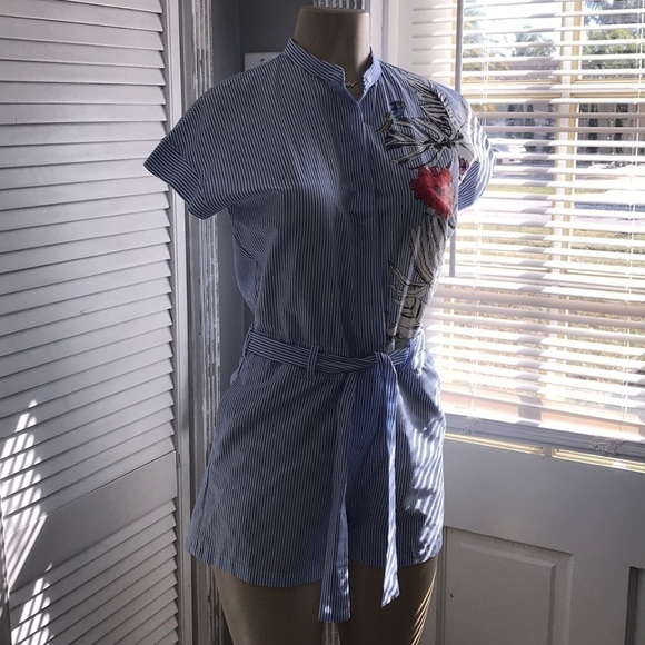 Zara Basic Floral Blue Striped Romper - Picture 4 of 10